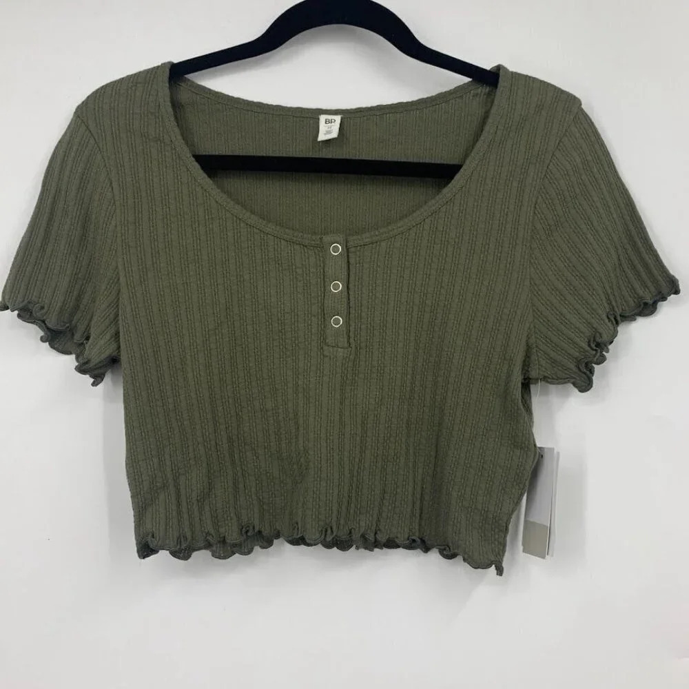 BP Women's Pointelle Rib Crop Henley In‎ Olive Sarma Size L NWT